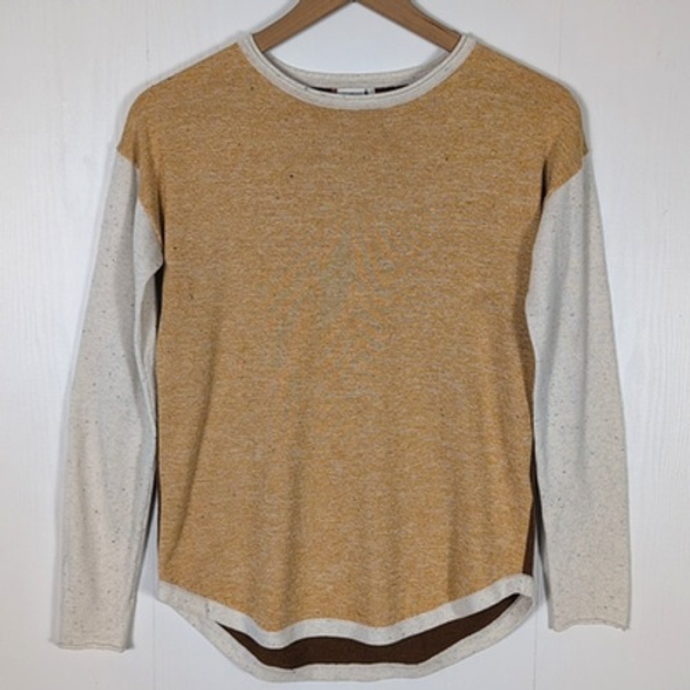 Smartwool Merino Wool Colorblock Sweater Womens XS Yellow Brown Curved Hem Knit